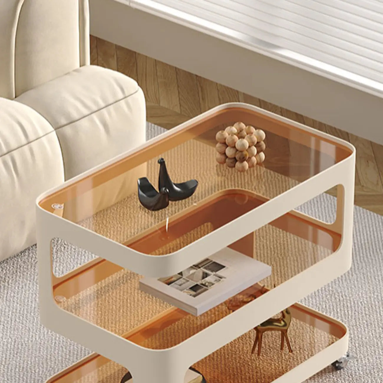 Unique 3-Tier Rotating White Corrugated Glass Metal Side Table