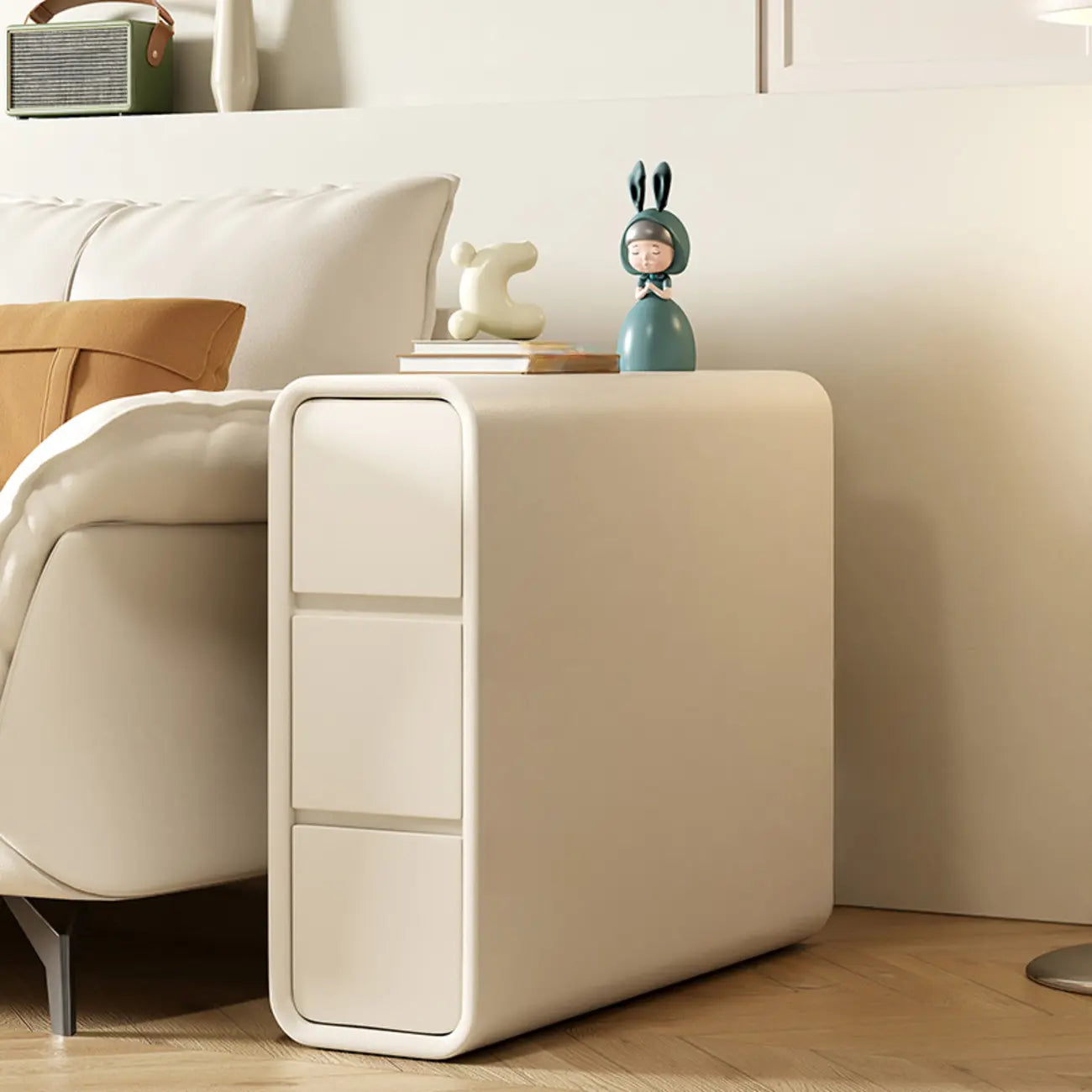 Sleek Rectangular Leather White 3 Drawers Narrow Side Table