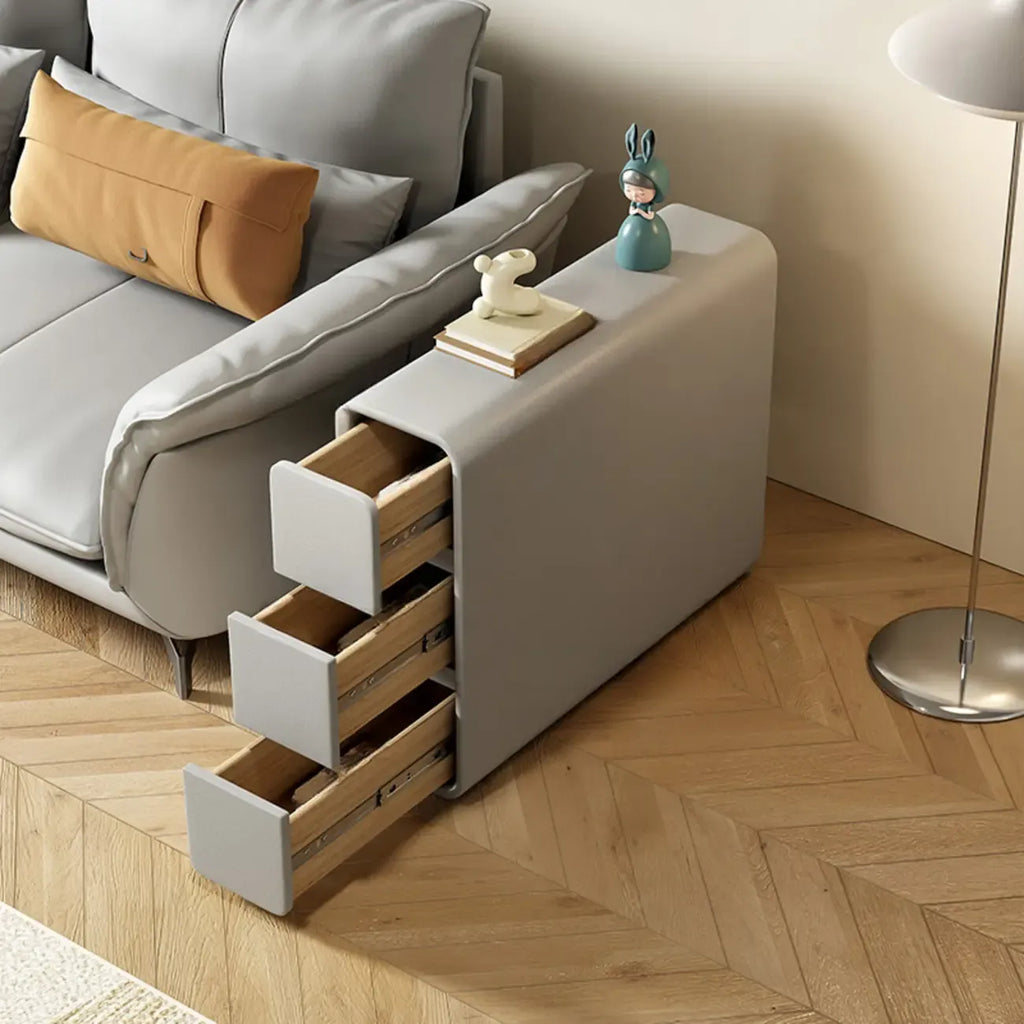 Sleek Rectangular Leather White 3 Drawers Narrow Side Table