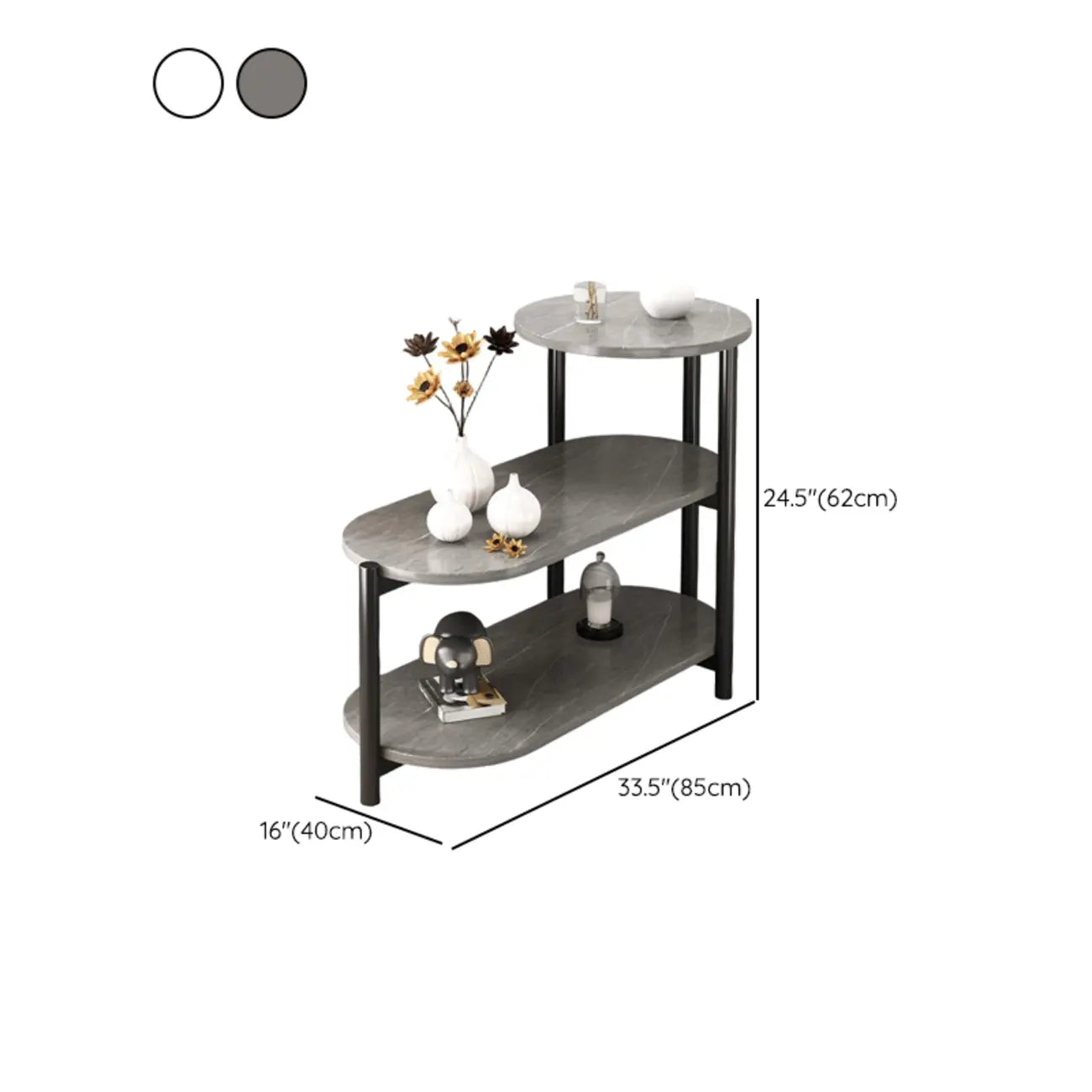 Black Oval 3-Tier Wood Storage Side Table with Metal Legs