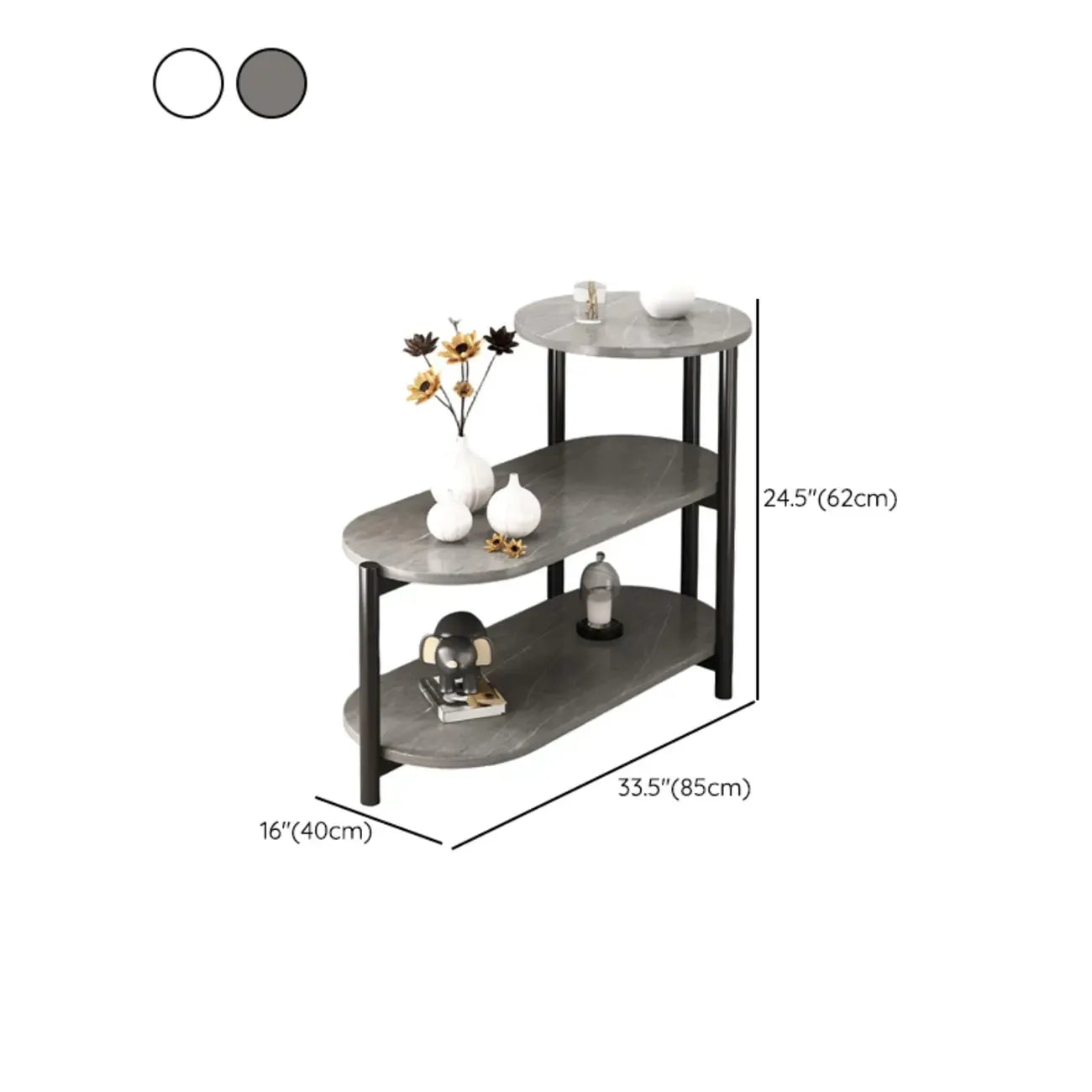 Black Oval 3-Tier Wood Storage Side Table with Metal Legs