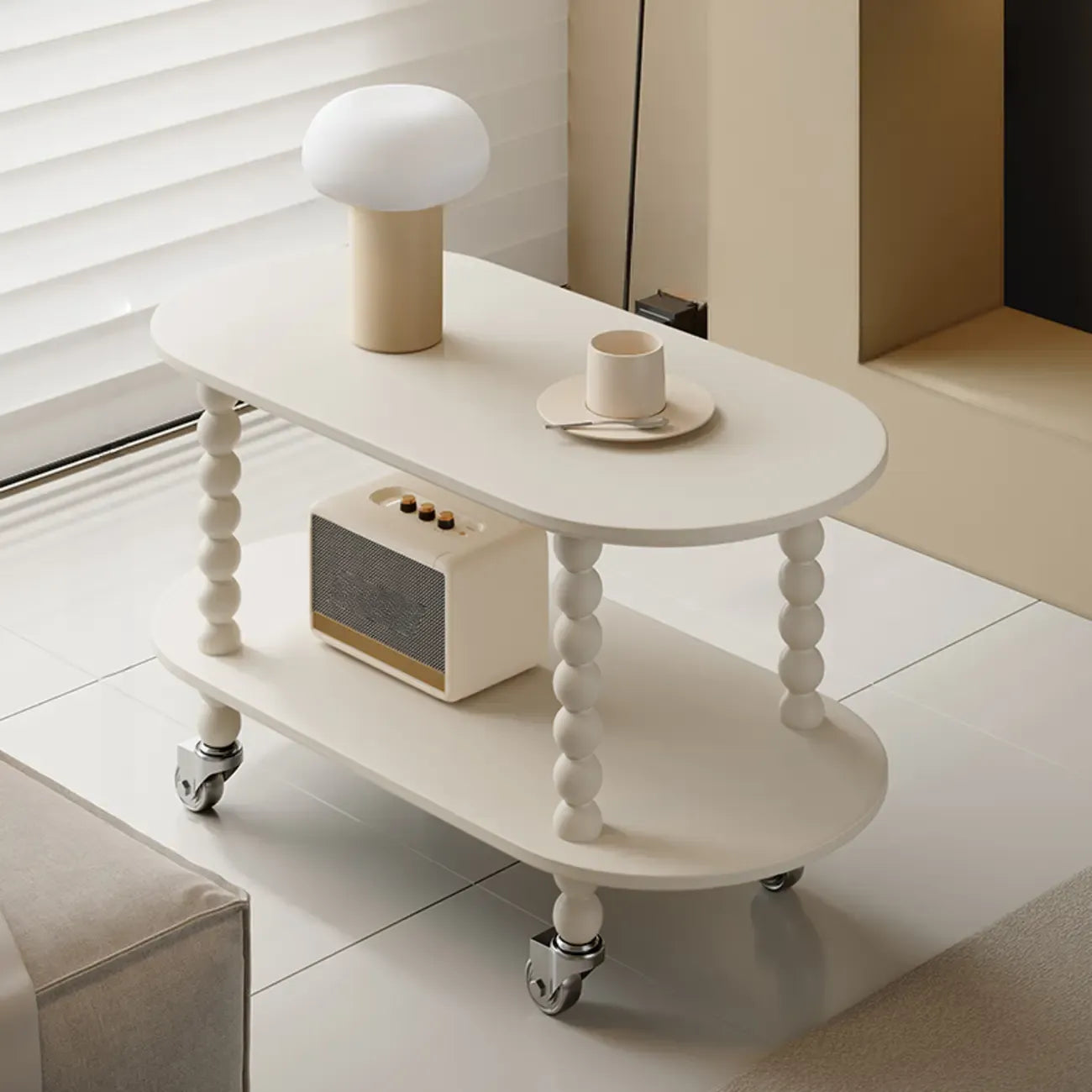Black Oval Wooen 2-Tier Storage Rolling Side Table