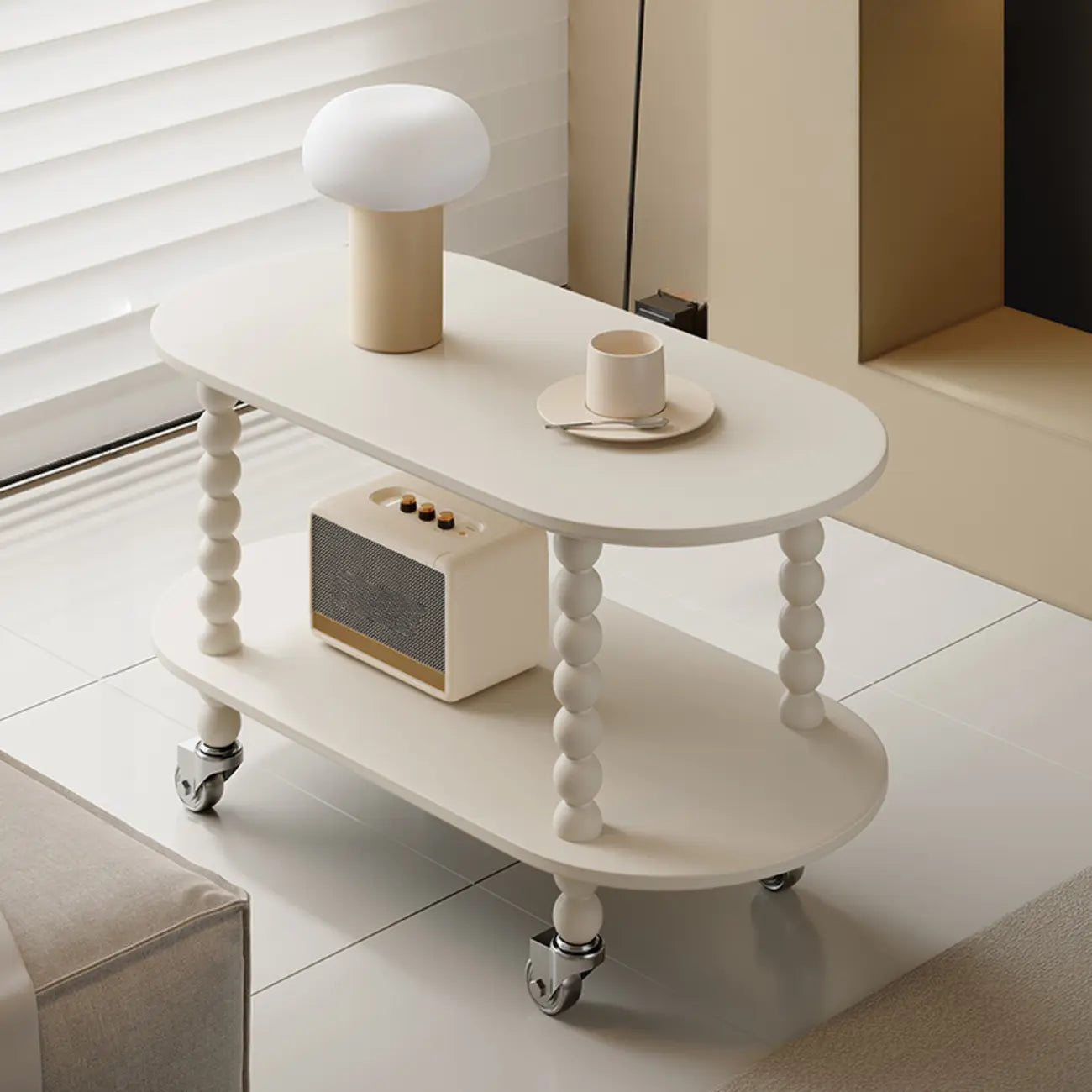 Black Oval Wooen 2-Tier Storage Rolling Side Table