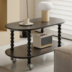 Black Oval Wooen 2-Tier Storage Rolling Side Table