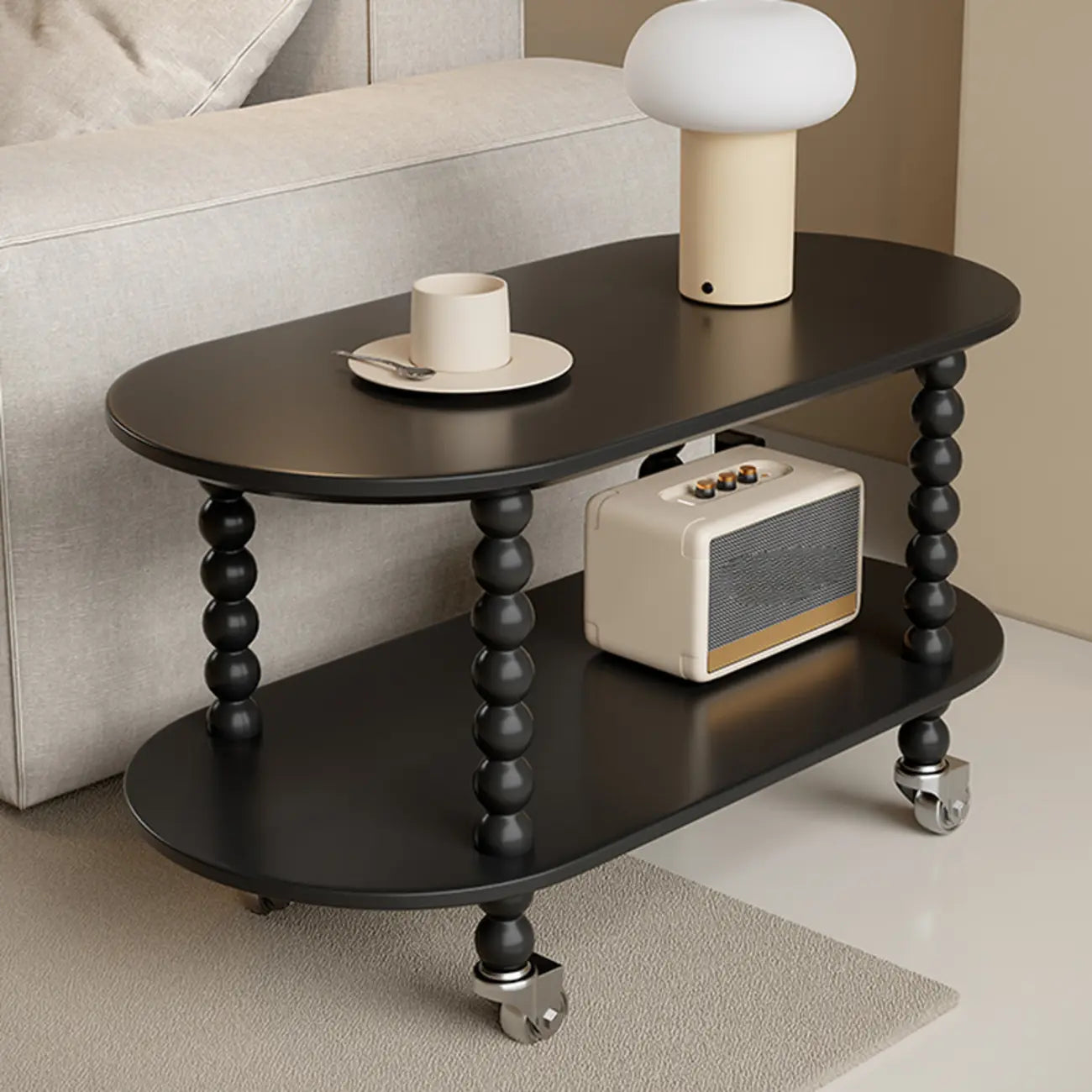 Black Oval Wooen 2-Tier Storage Rolling Side Table