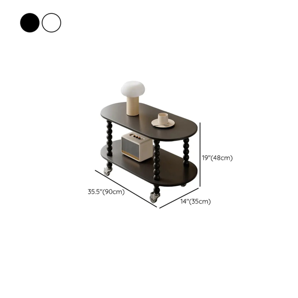 Black Oval Wooen 2-Tier Storage Rolling Side Table