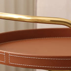 Mobile 2 Layers Brown Leather Metal Round Side Table