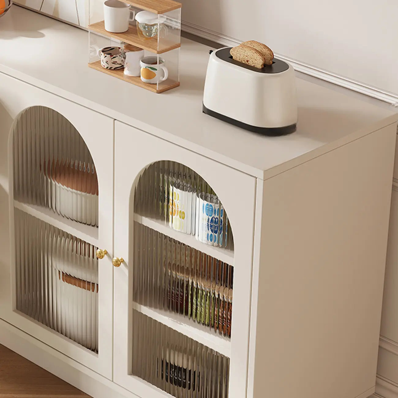 Elegant Adjustable Arched Glass Wood Buffet Cabinet with 3 Drawers