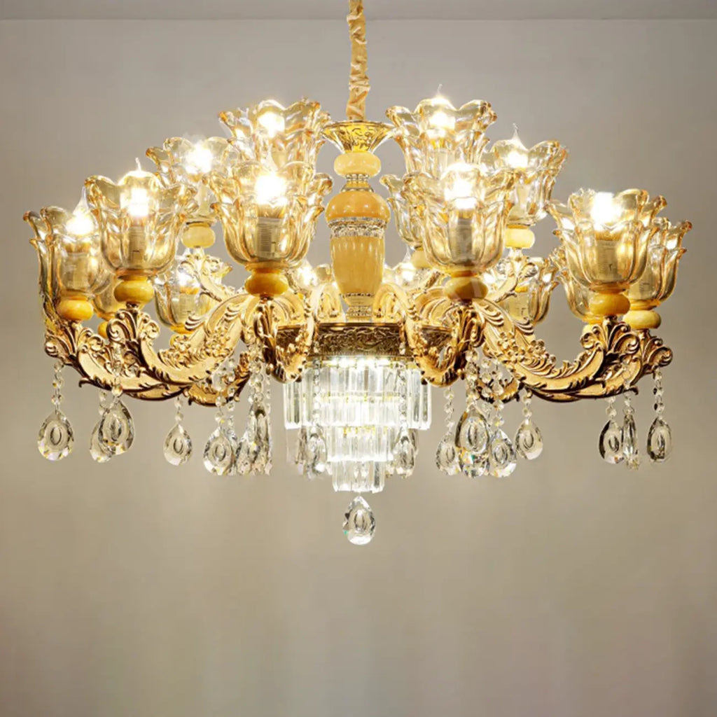 Adjustable Luxury Gold Flower Shape Clear Glass Chandelier