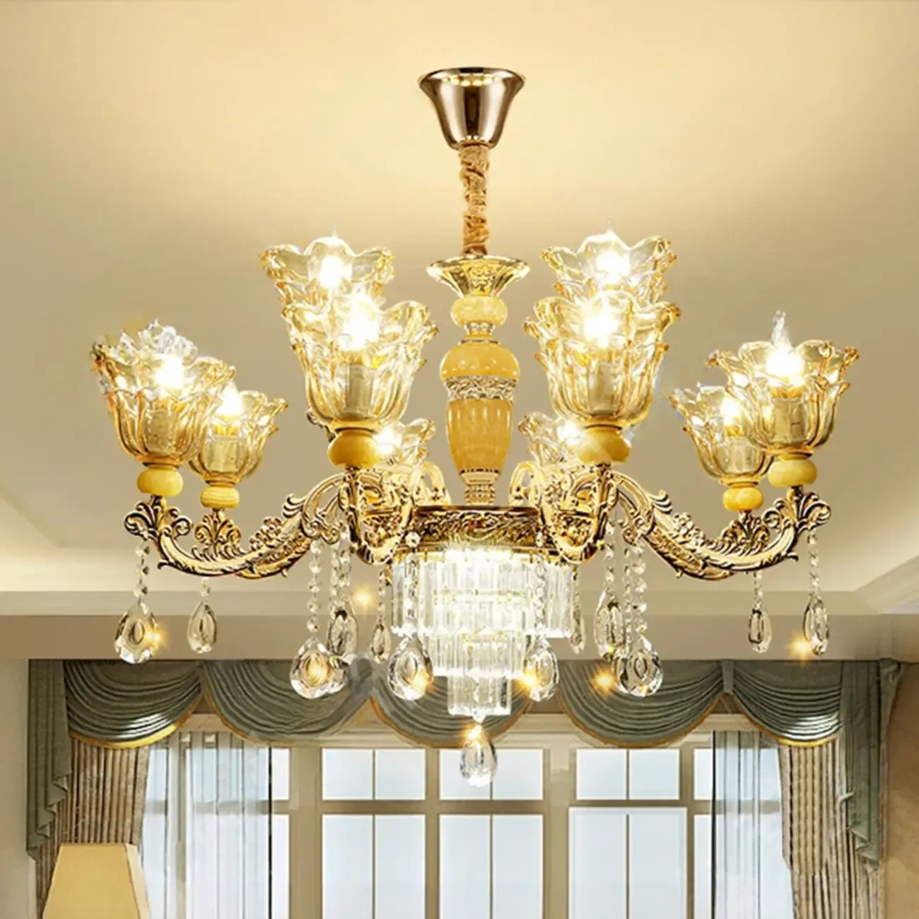 Adjustable Luxury Gold Flower Shape Clear Glass Chandelier