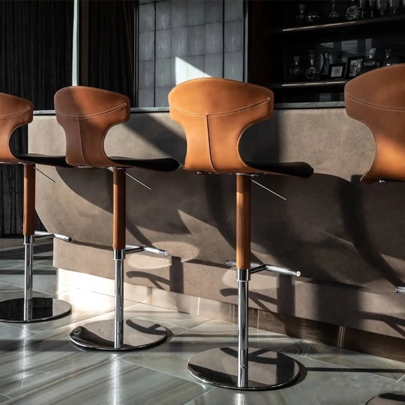Minimalist Beige Leather Saddle Bar Stools