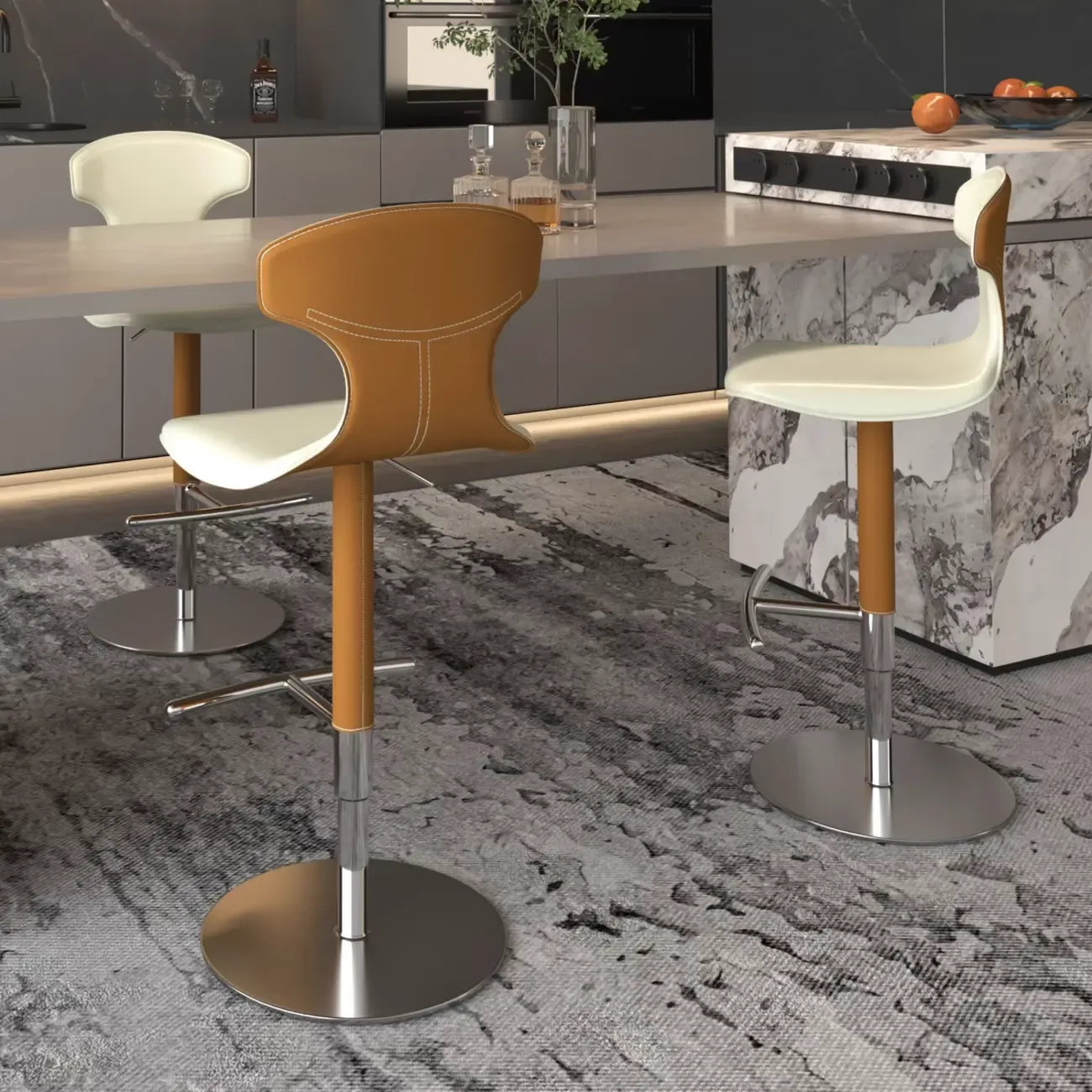 Minimalist Beige Leather Saddle Bar Stools