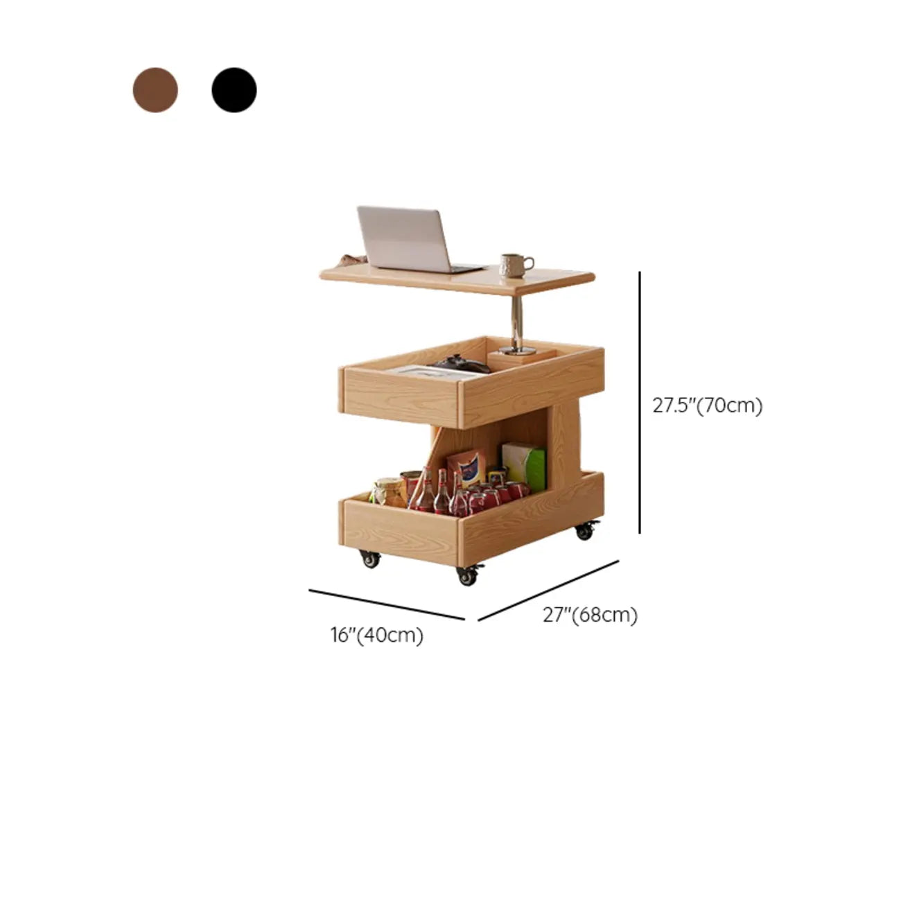 Adjustable 3-Tier Natural Wood Mobile Sofa Side Table