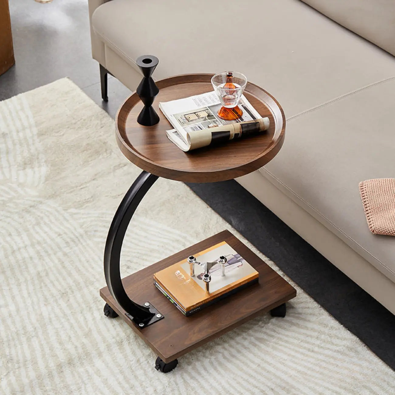 Adjustable Round Wood C-Shaped Wheel Side Table