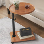 Adjustable Round Wood C-Shaped Wheel Side Table