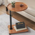 Adjustable Round Wood C-Shaped Wheel Side Table