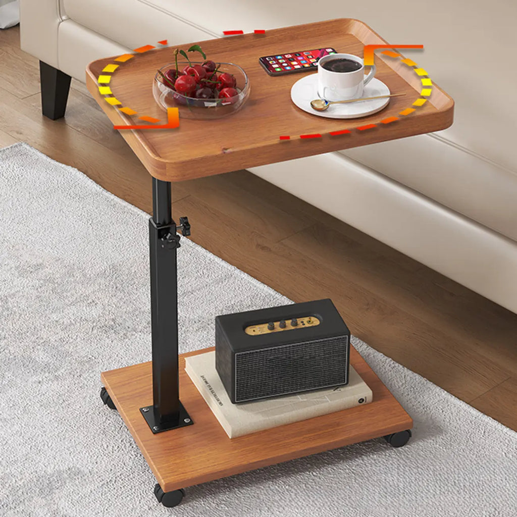Adjustable Round Wood C-Shaped Wheel Side Table