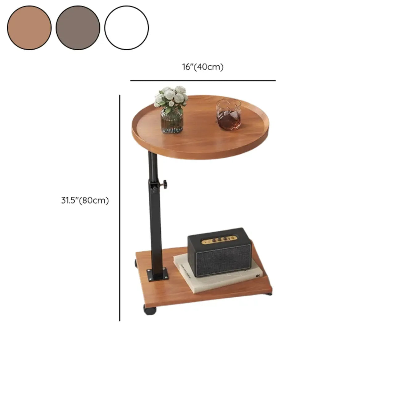 Adjustable Round Wood C-Shaped Wheel Side Table