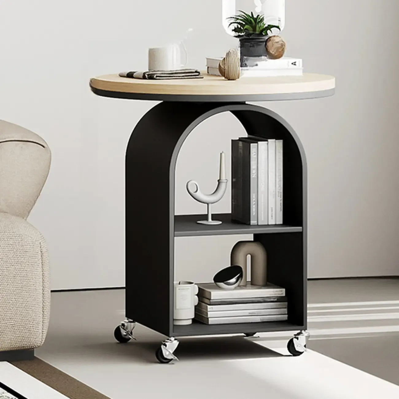 White Arch Glass Top Metal Storage Side Table with Wheels