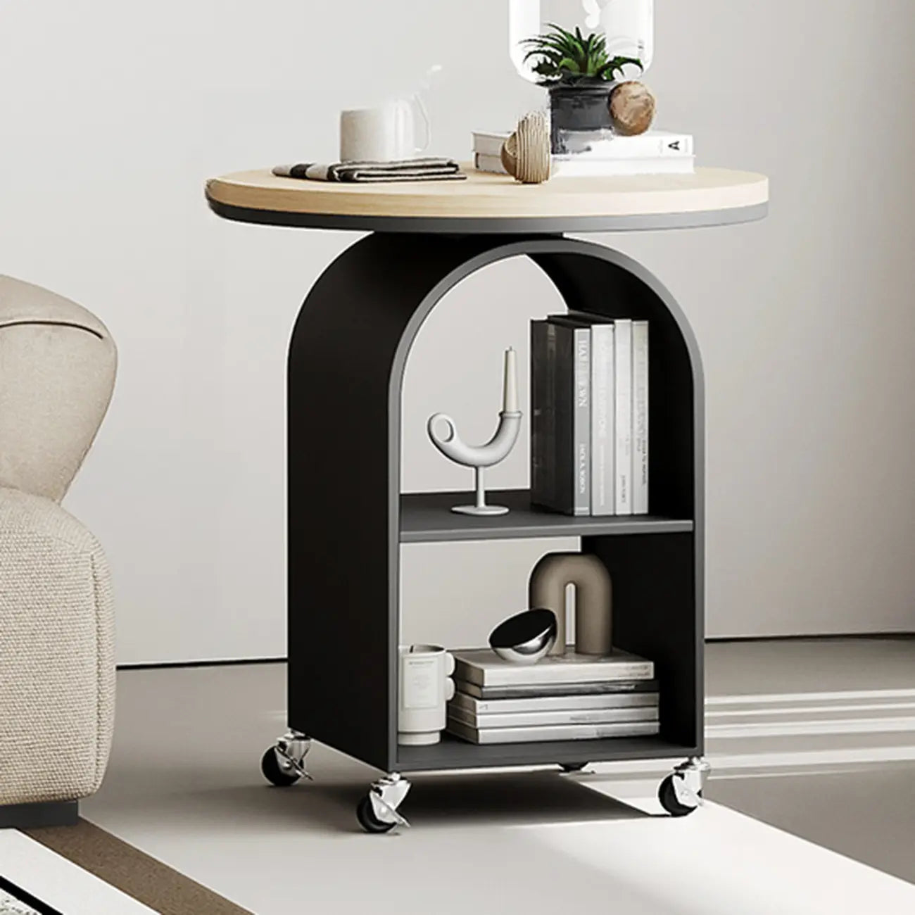 White Arch Glass Top Metal Storage Side Table with Wheels