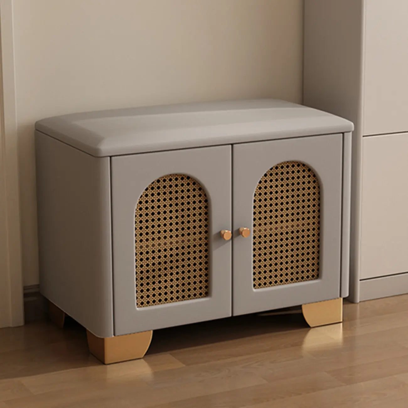 Cubic Wooden Upholstered Entryway Bench with Doors