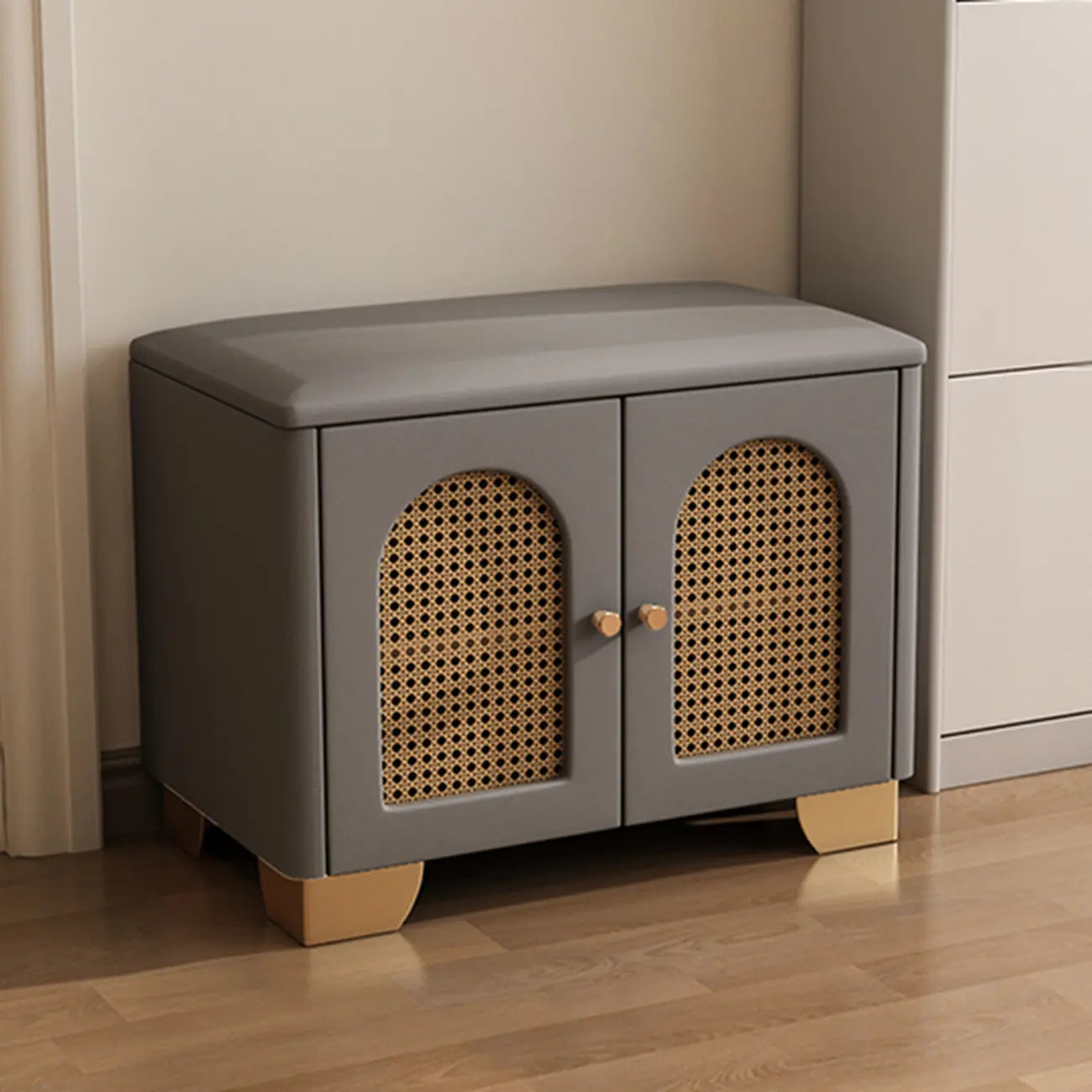 Cubic Wooden Upholstered Entryway Bench with Doors