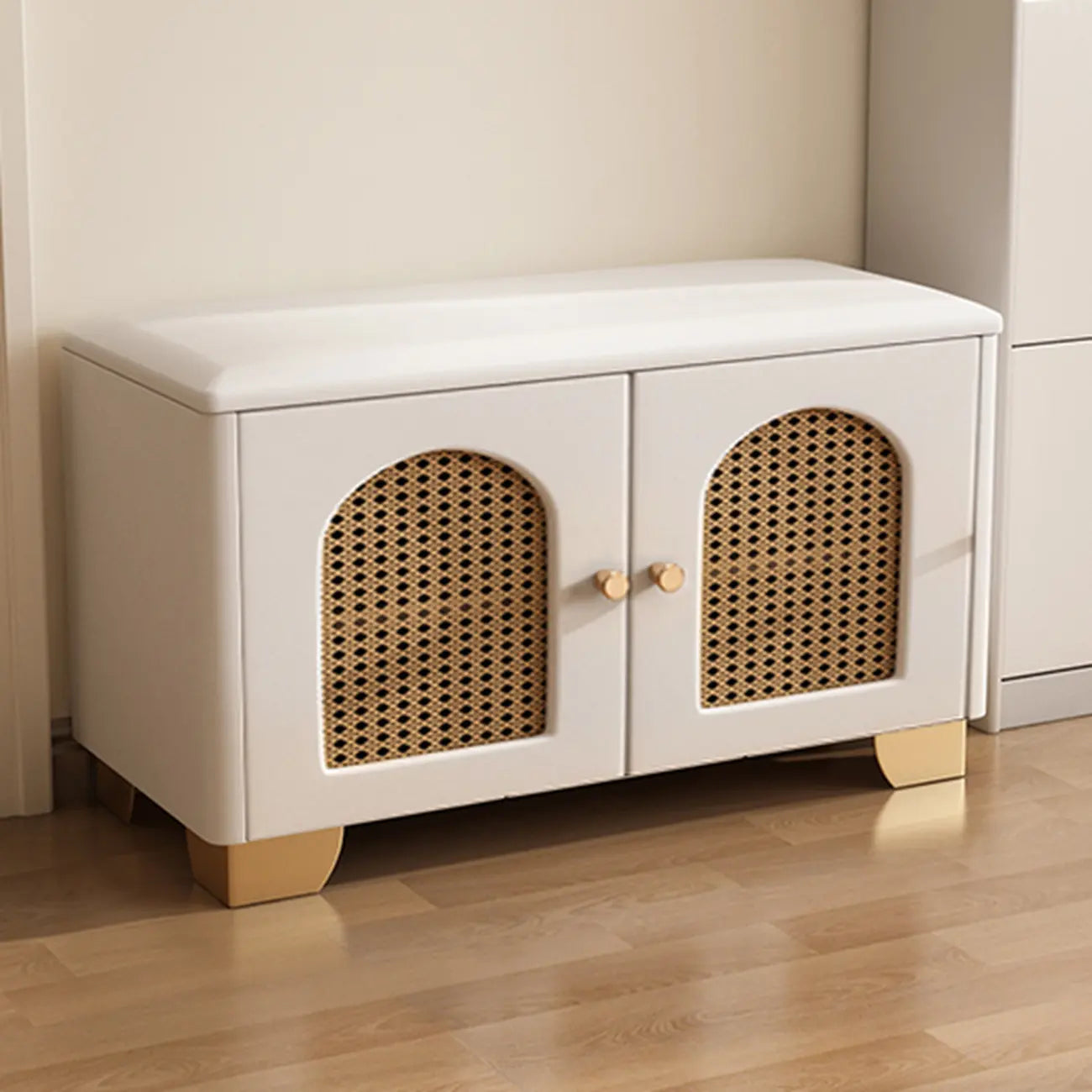 Cubic Wooden Upholstered Entryway Bench with Doors