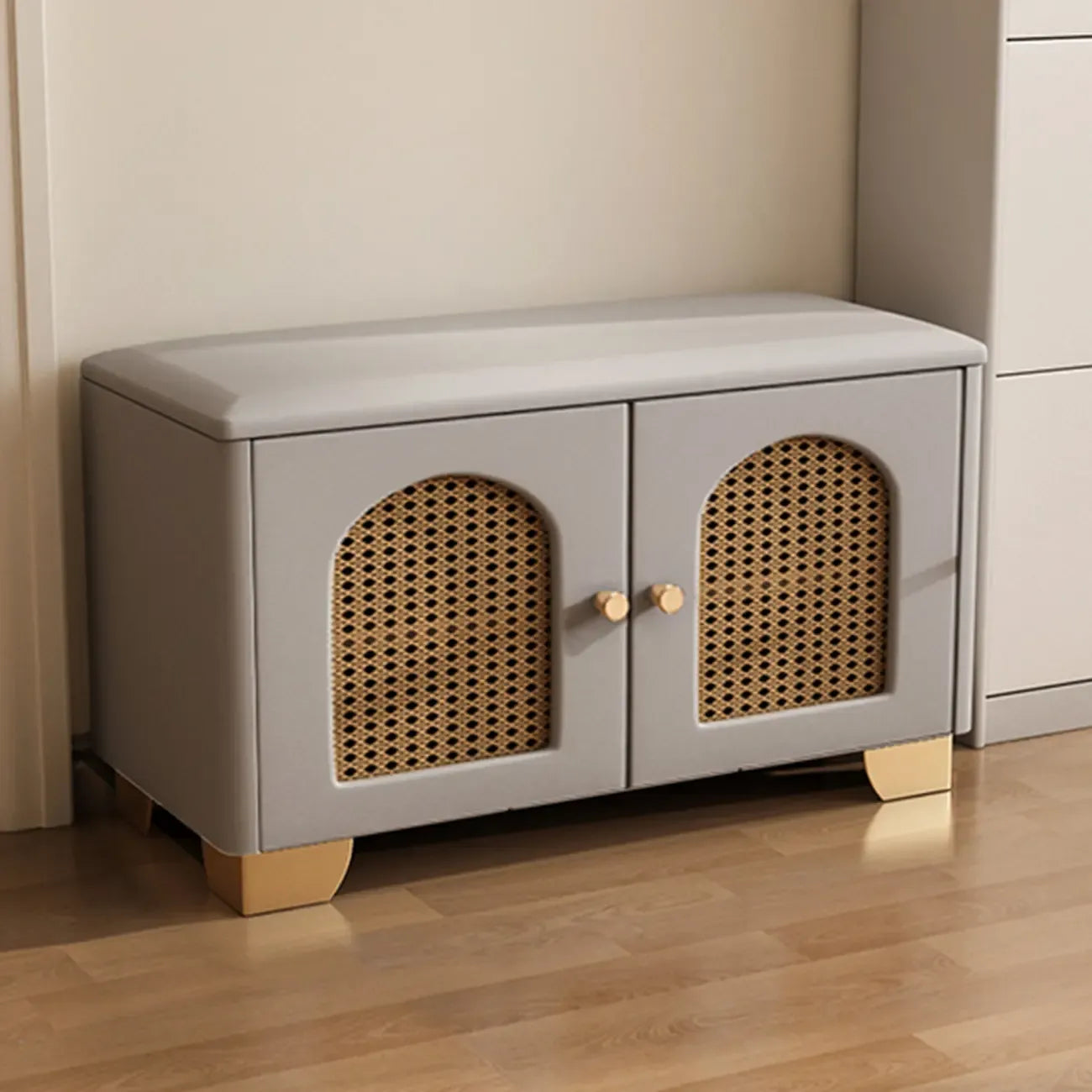 Cubic Wooden Upholstered Entryway Bench with Doors