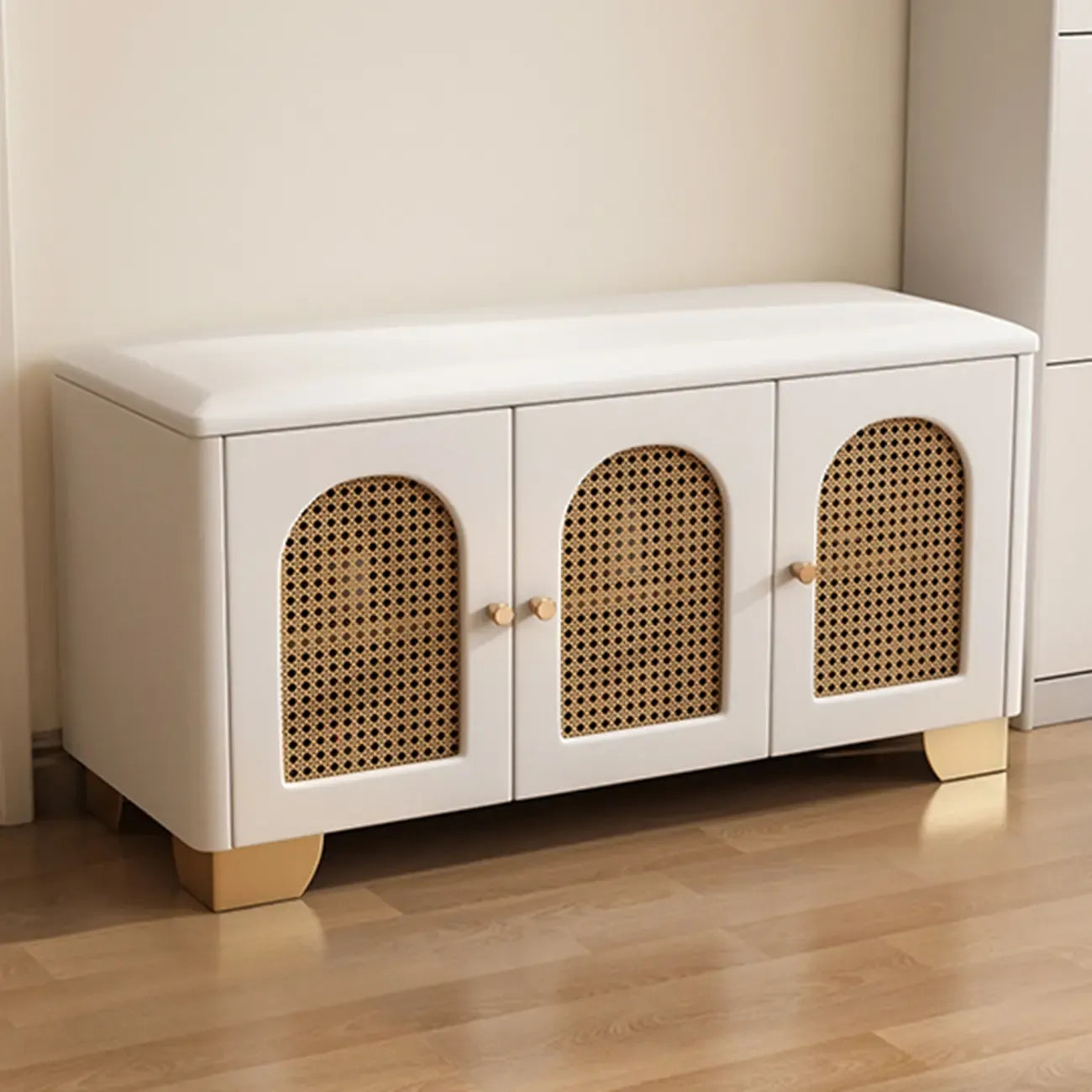 Cubic Wooden Upholstered Entryway Bench with Doors