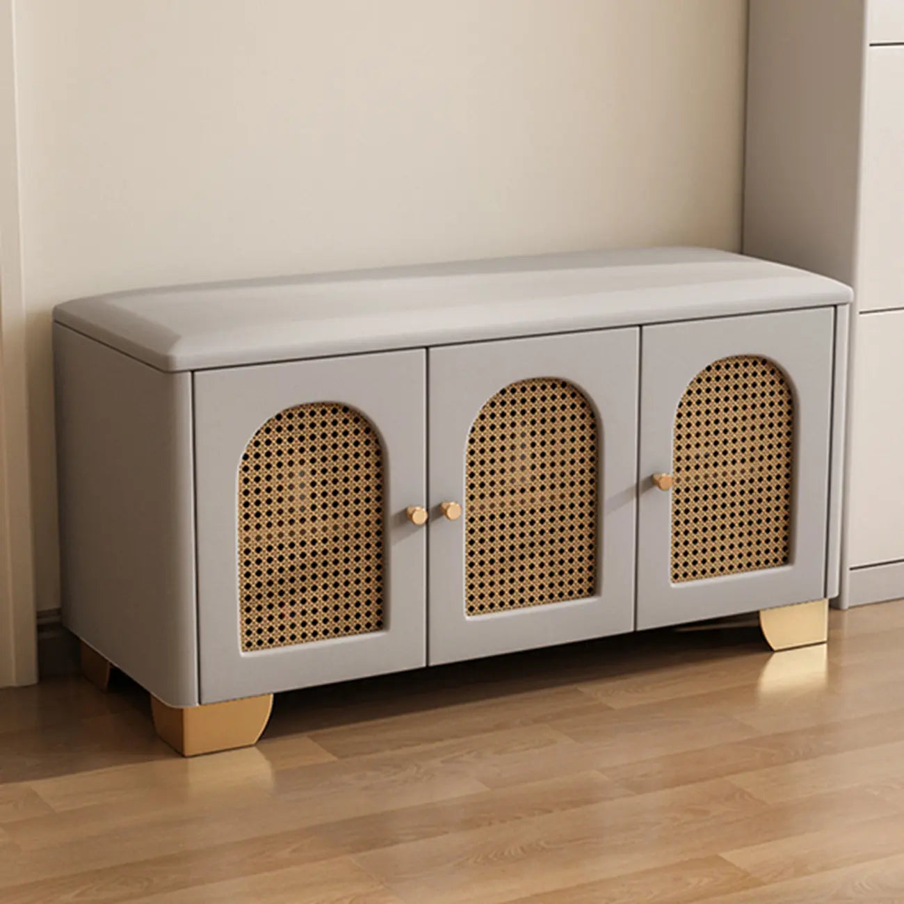 Cubic Wooden Upholstered Entryway Bench with Doors