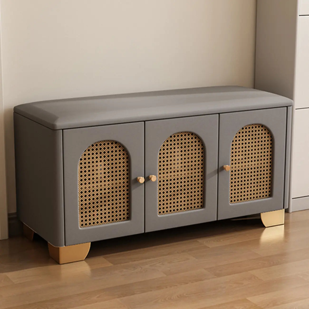Cubic Wooden Upholstered Entryway Bench with Doors