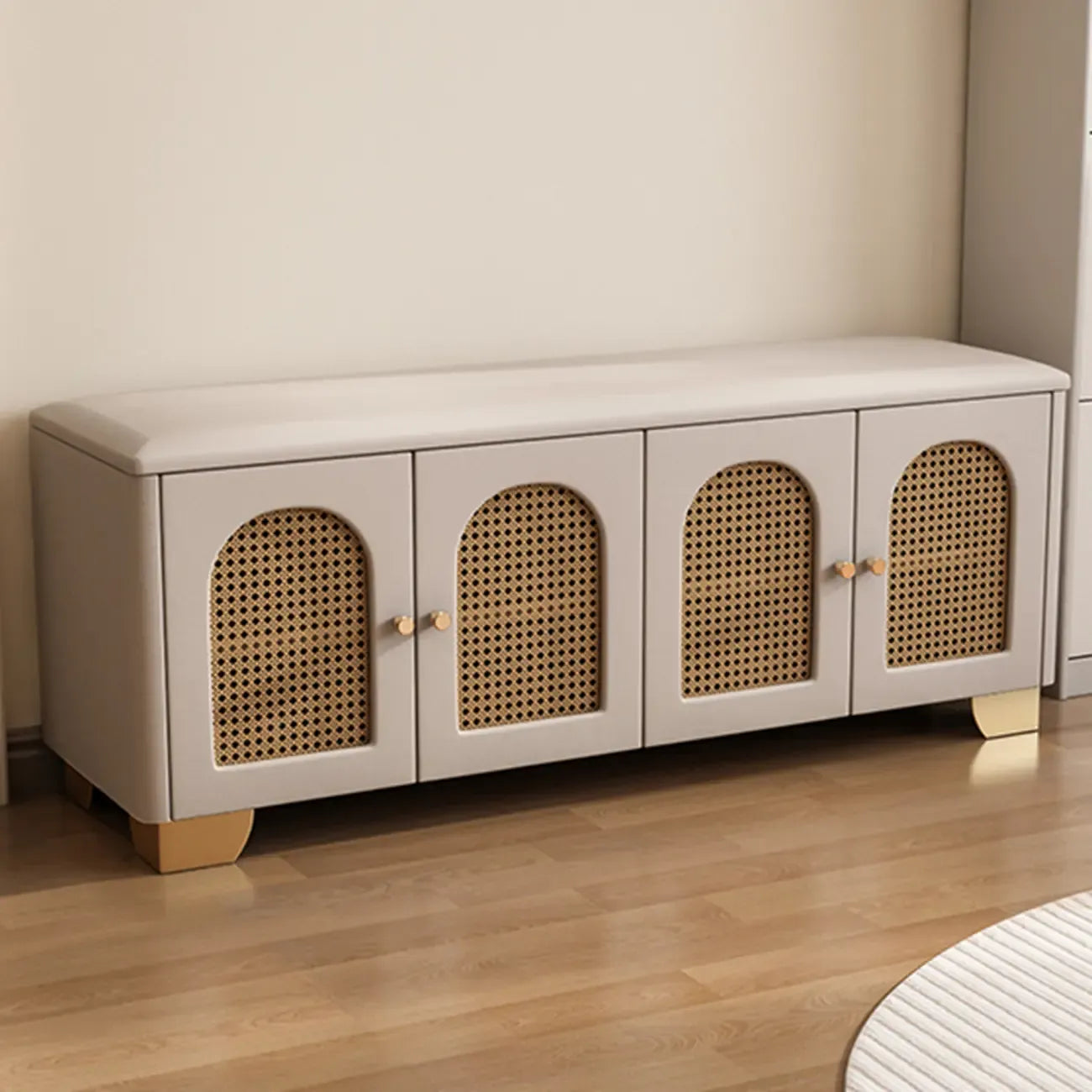 Cubic Wooden Upholstered Entryway Bench with Doors