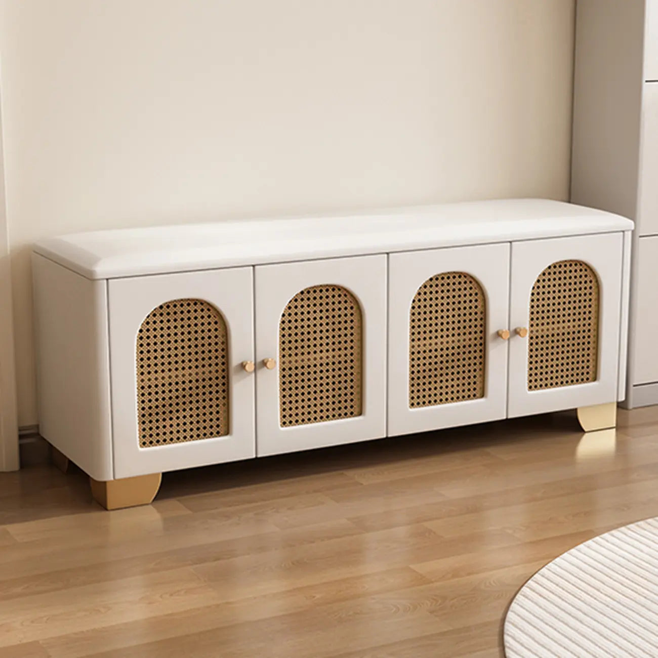 Cubic Wooden Upholstered Entryway Bench with Doors