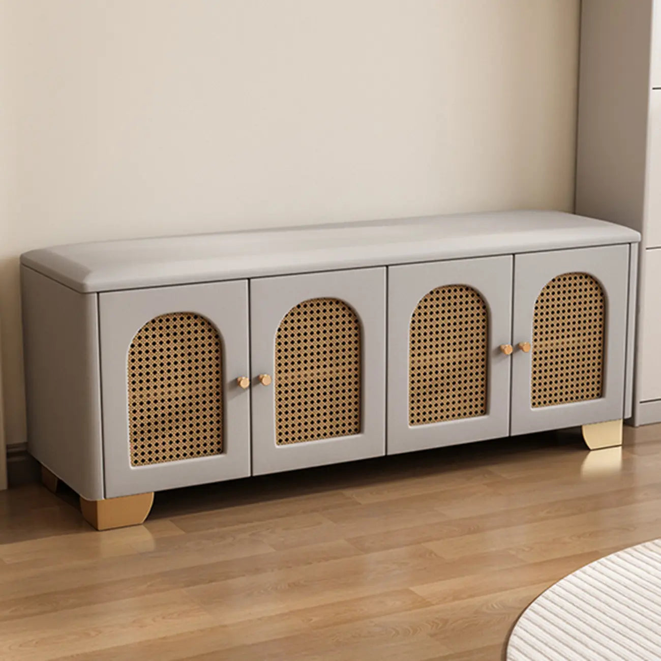 Cubic Wooden Upholstered Entryway Bench with Doors