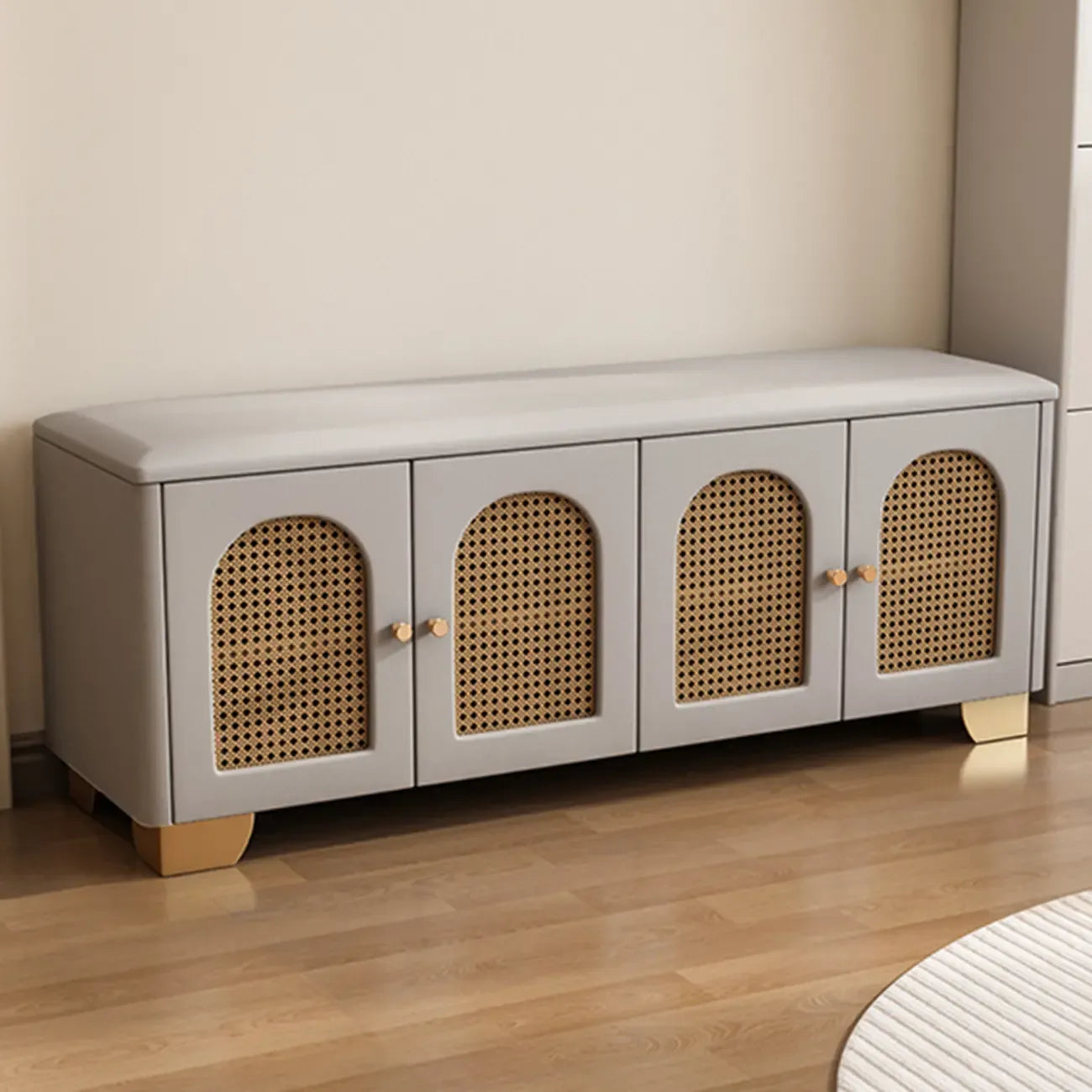 Cubic Wooden Upholstered Entryway Bench with Doors