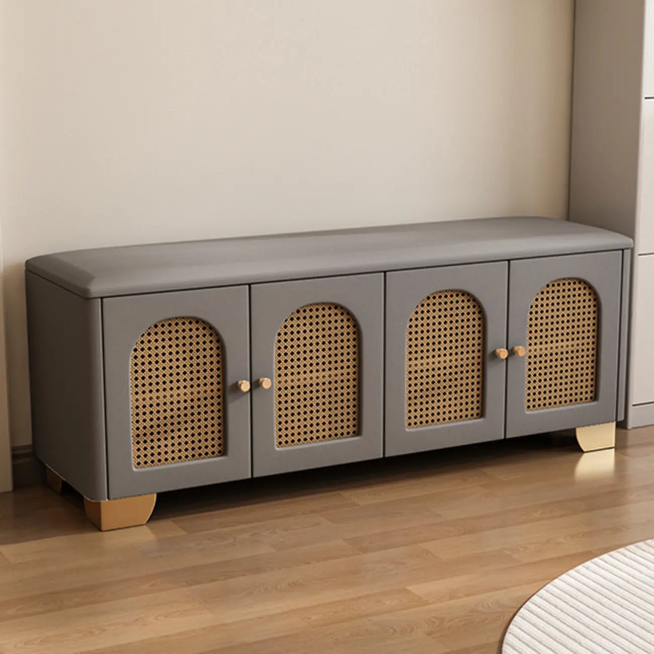 Cubic Wooden Upholstered Entryway Bench with Doors