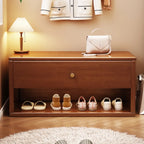 Compact Walnut Wood Storage Entryway Bench with Drawer