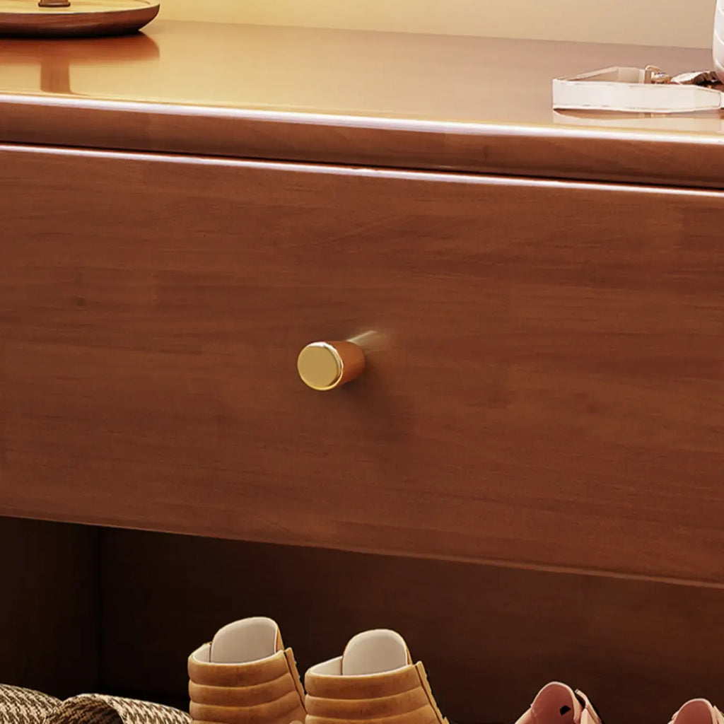 Compact Walnut Wood Storage Entryway Bench with Drawer