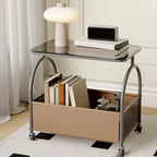 Brown Glass Top Storage Side Table Cart with Wheel