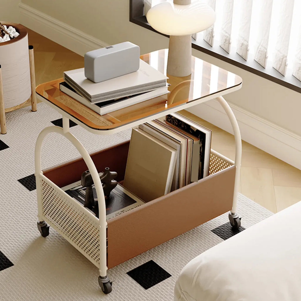 Brown Glass Top Storage Side Table Cart with Wheel