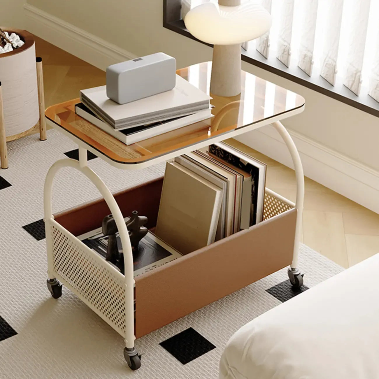 Brown Glass Top Storage Side Table Cart with Wheel