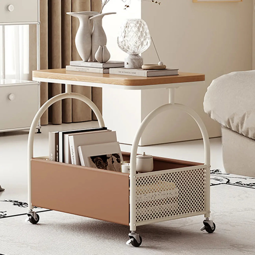Brown Glass Top Storage Side Table Cart with Wheel