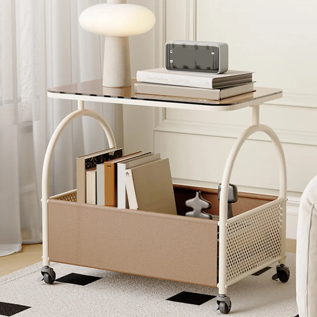 Brown Glass Top Storage Side Table Cart with Wheel