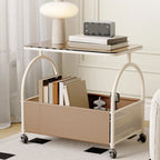 Brown Glass Top Storage Side Table Cart with Wheel