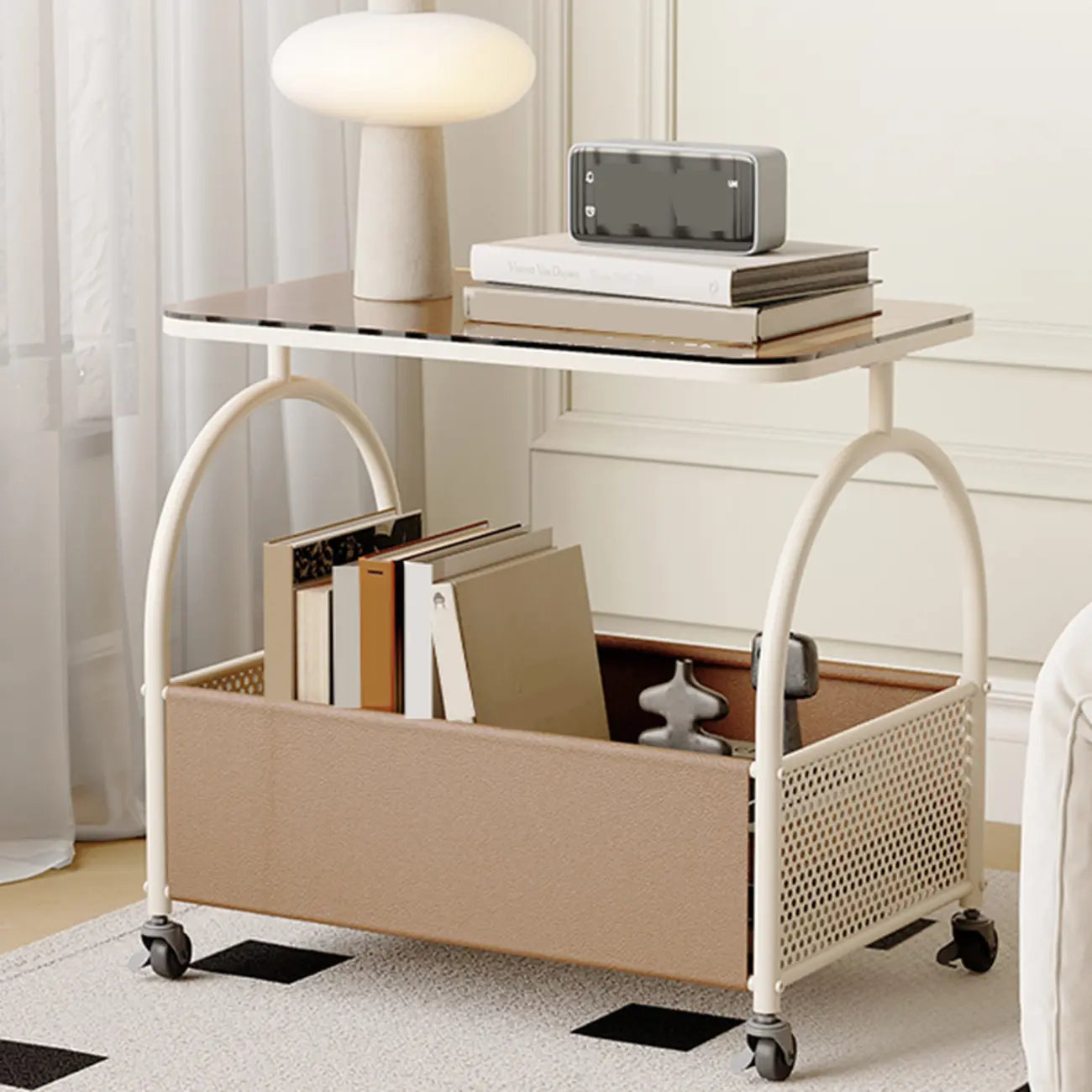 Brown Glass Top Storage Side Table Cart with Wheel