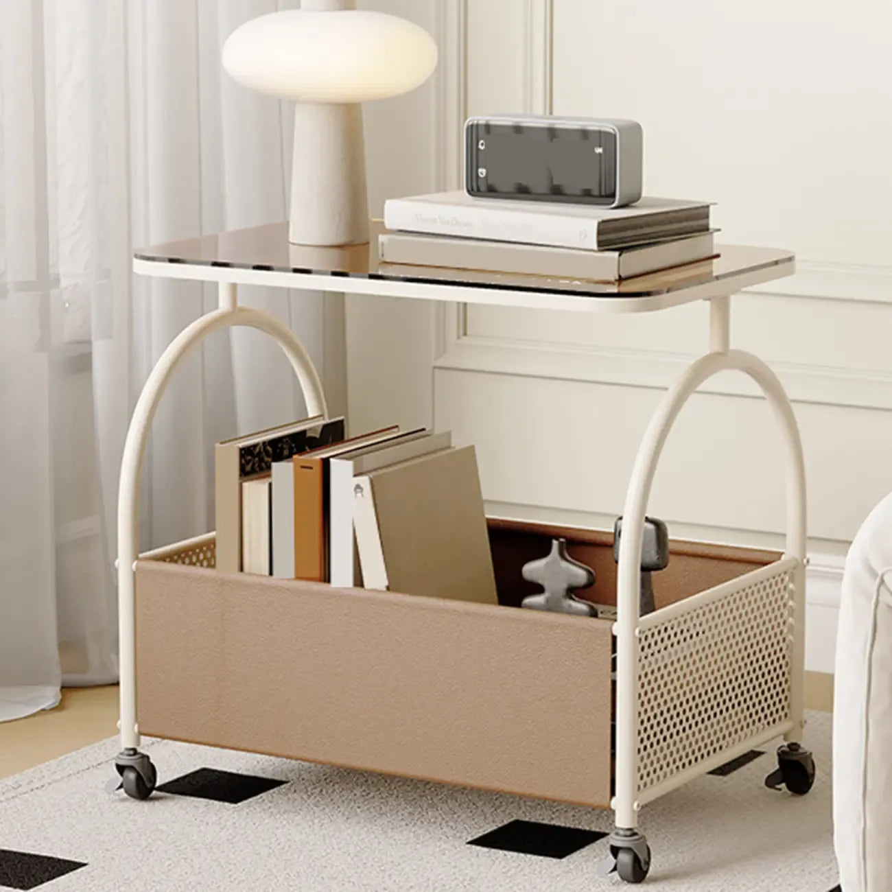 Brown Glass Top Storage Side Table Cart with Wheel