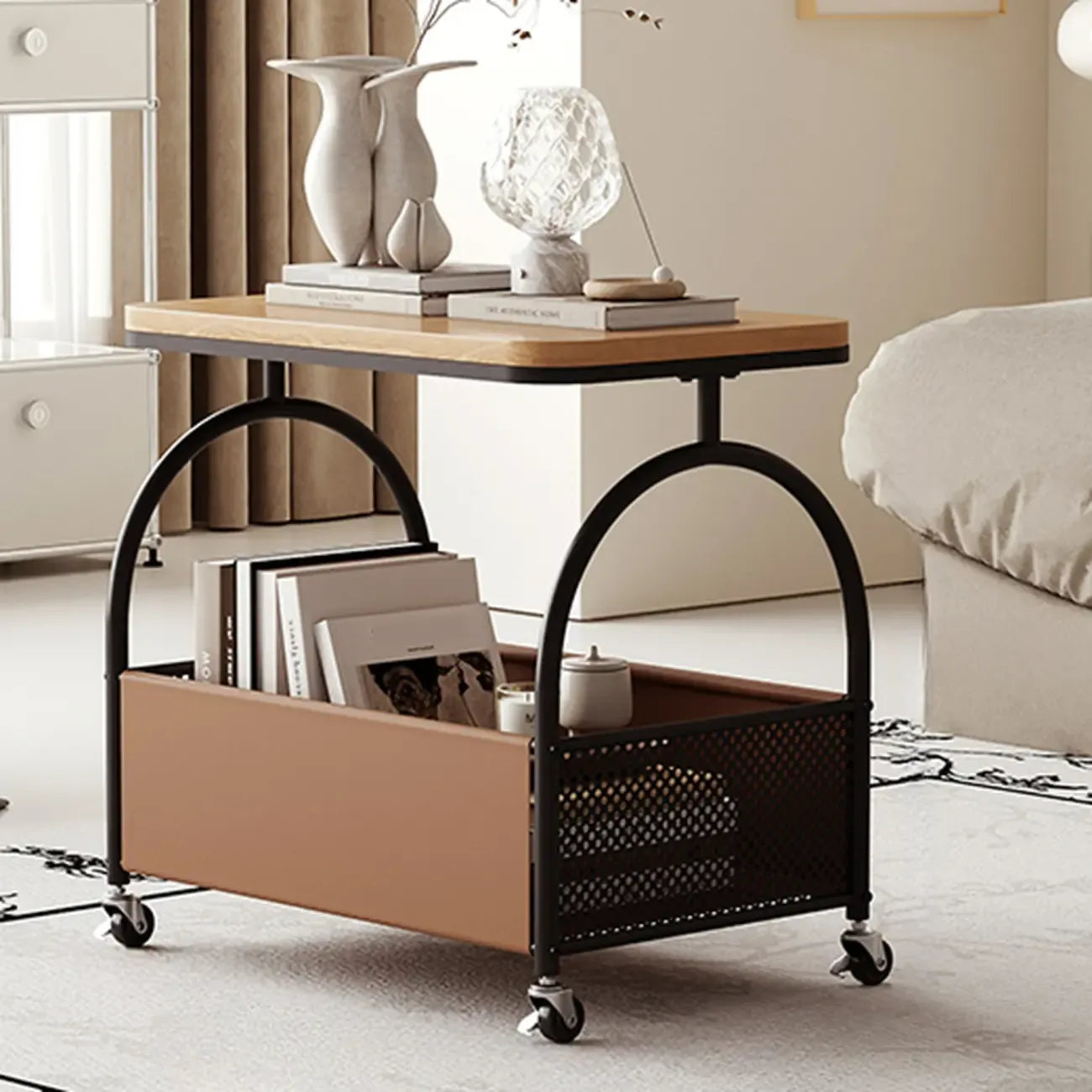 Brown Glass Top Storage Side Table Cart with Wheel