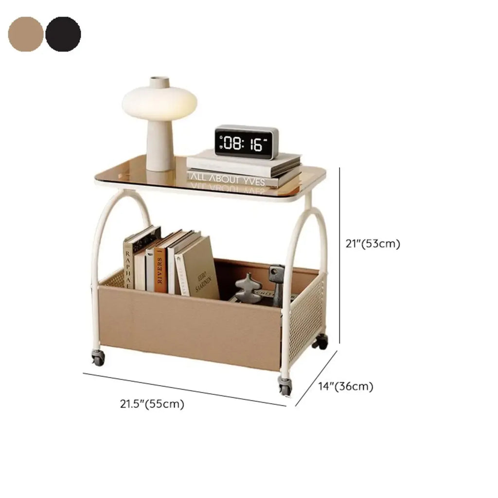 Brown Glass Top Storage Side Table Cart with Wheel