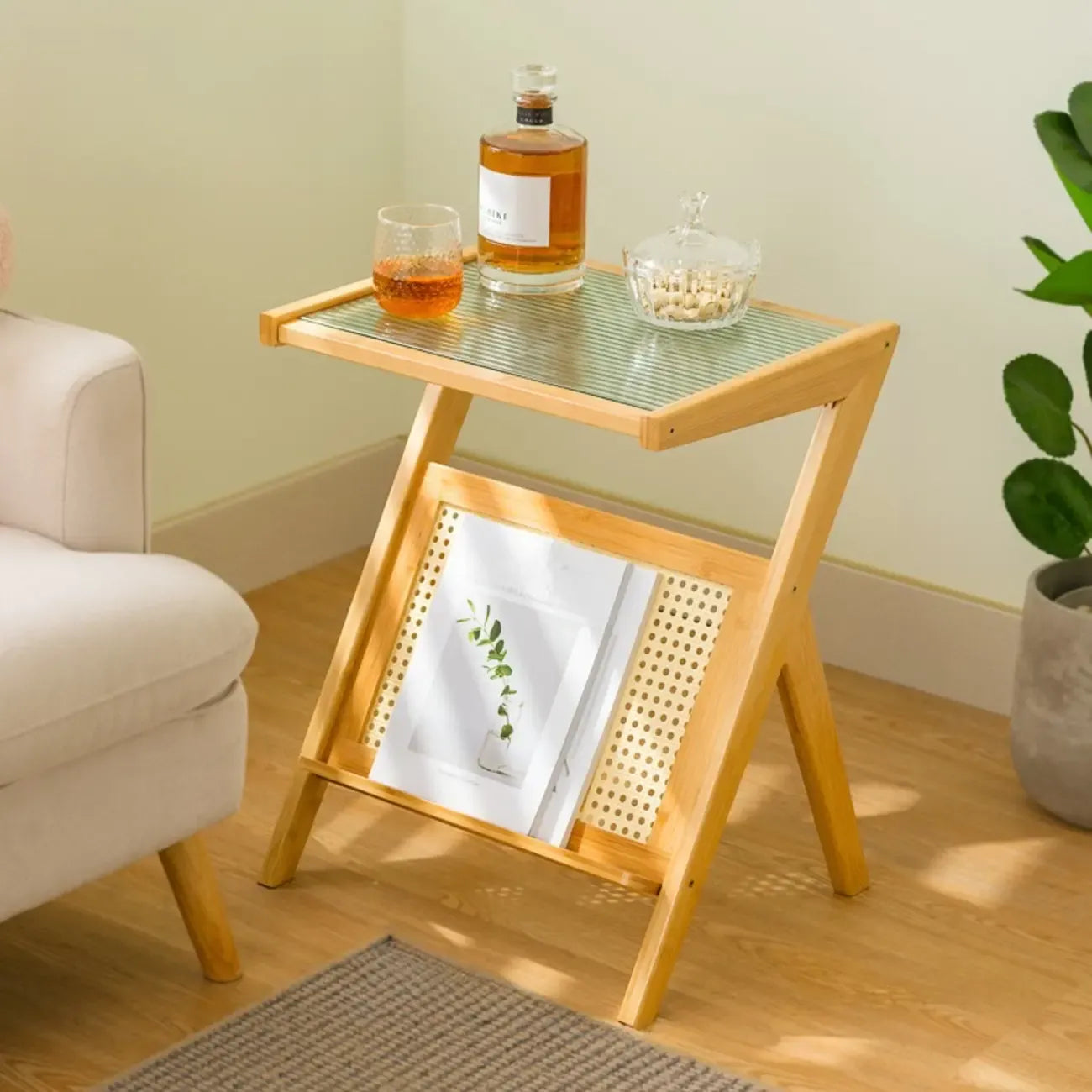 Glass and Wood Modern Foldable End Table with Rack