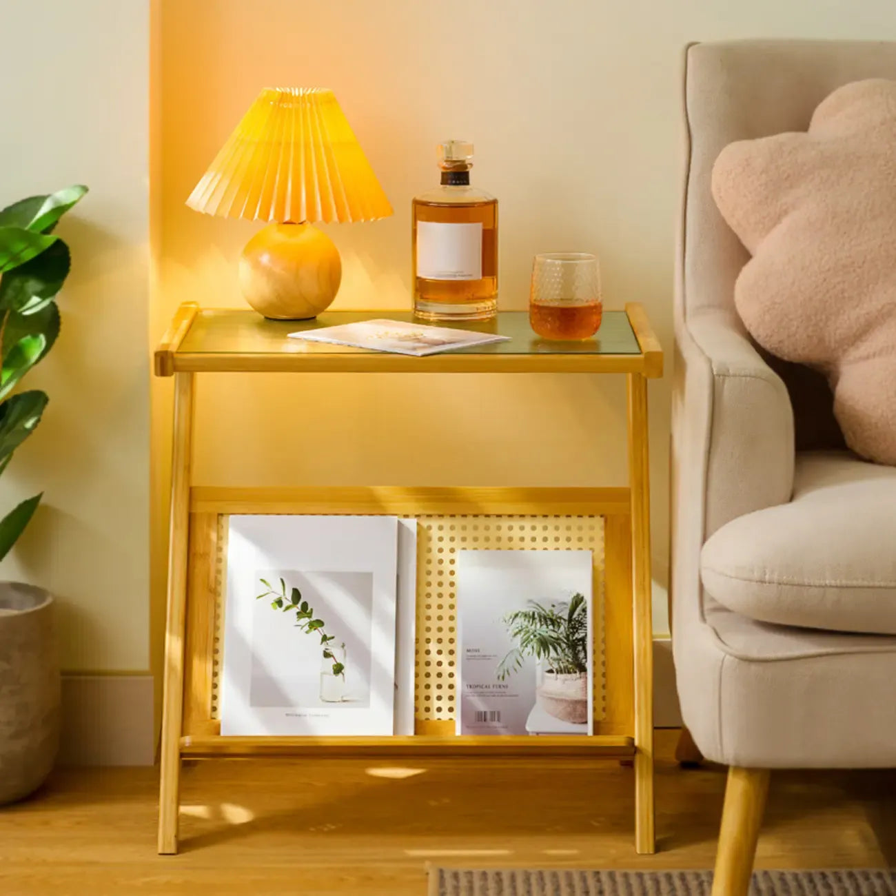 Glass and Wood Modern Foldable End Table with Rack